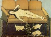 Hirshfield Morris Nude on Sofa with Three Pussies oil painting artist